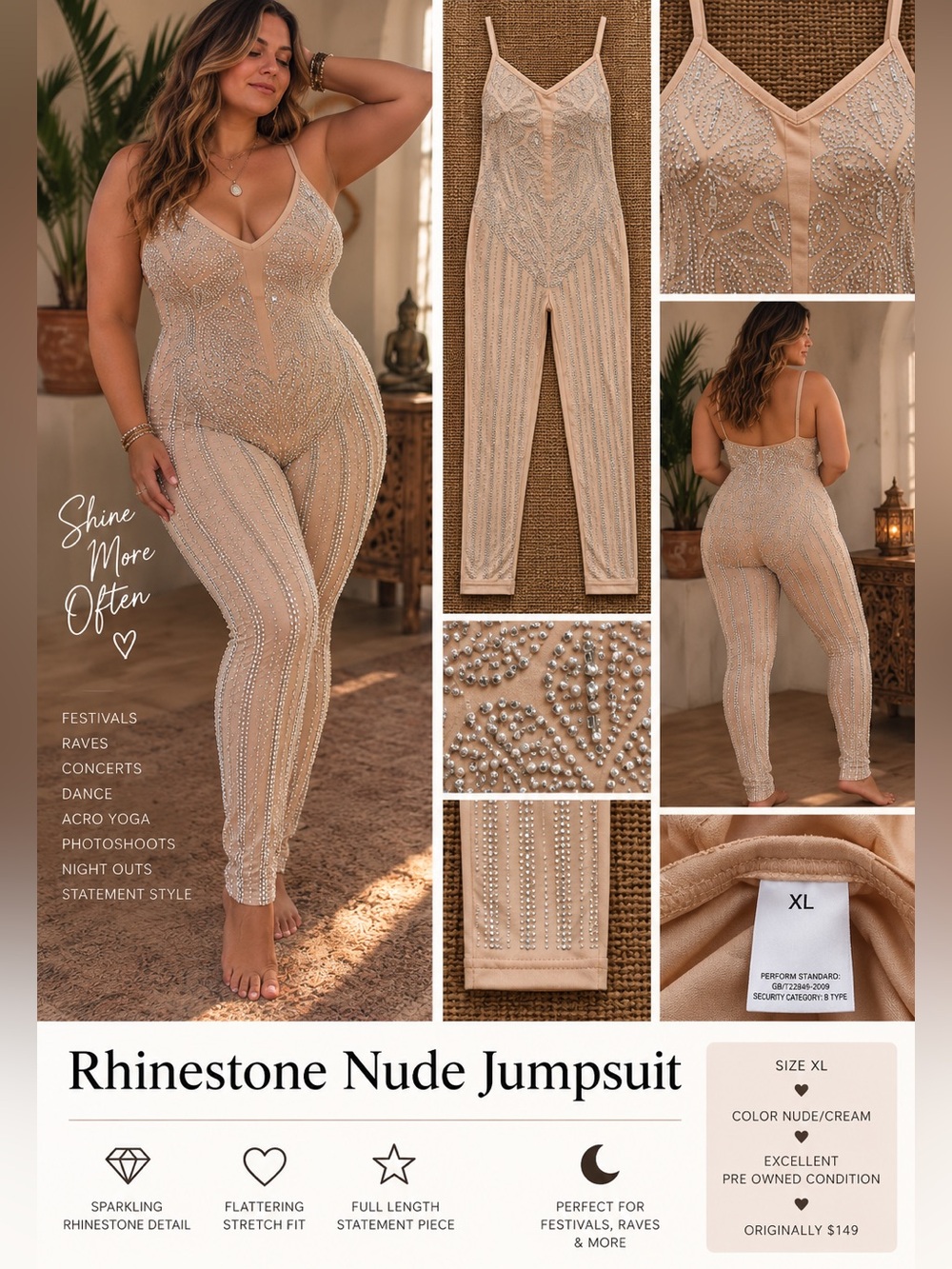 Rind-stone nude full bodysuit with spaghetti straps. Jumpsuit